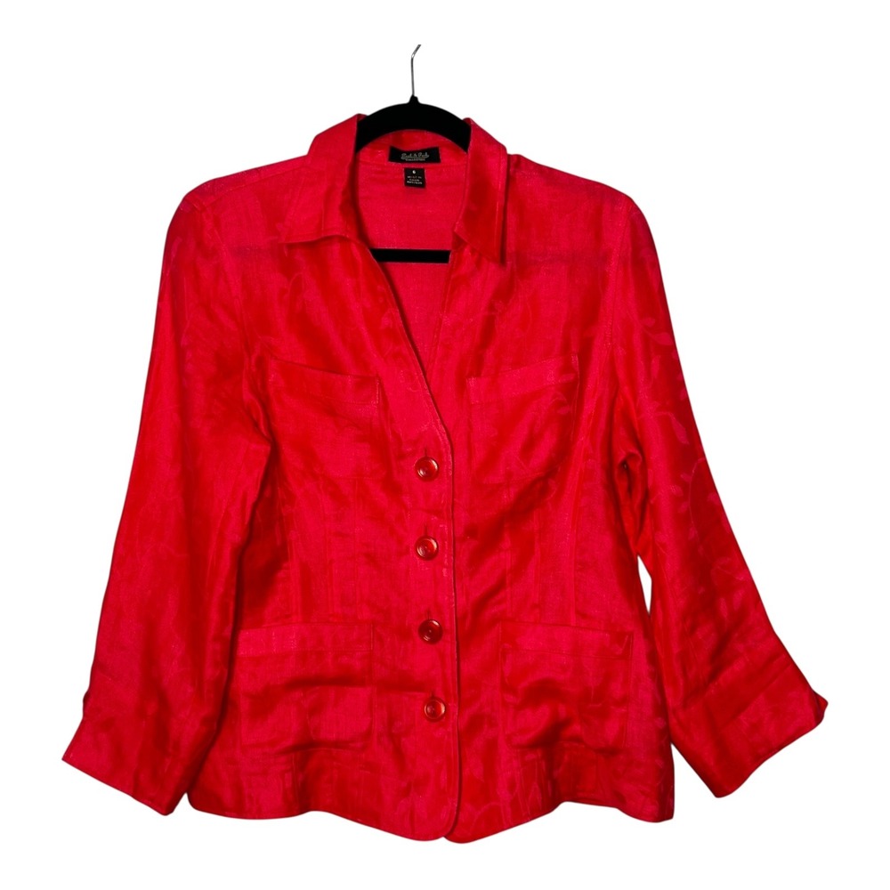 Peek & Peck Collection Womens Pink 100% Linen Leaf Jacquard Blazer Jacket Size 6